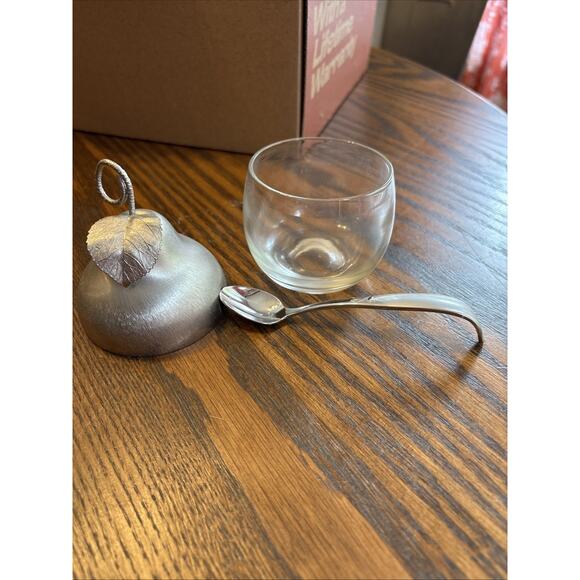 Vtg Napier Pear Sugar Jelly Jam Jar w/ Spoon-Silver Metal Gilt Top, Glass Bottom - Picture 2 of 3